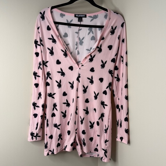 PLAYBOY Pajamas Light Pink Onesie with Black Bunny Print | Loungewear Button Up - Picture 3 of 9